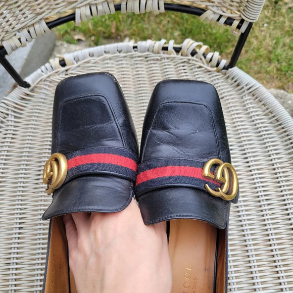 GUCCI Peyton Pearl GG Embellished Web Black Leather Mid-Heel Loafers 37 - Picture 9 of 13